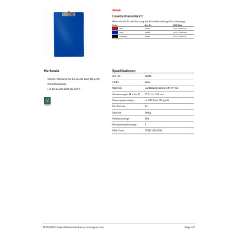 esselte-portablocco-clip-standard-cartoncino-polipropilene-blu-56055