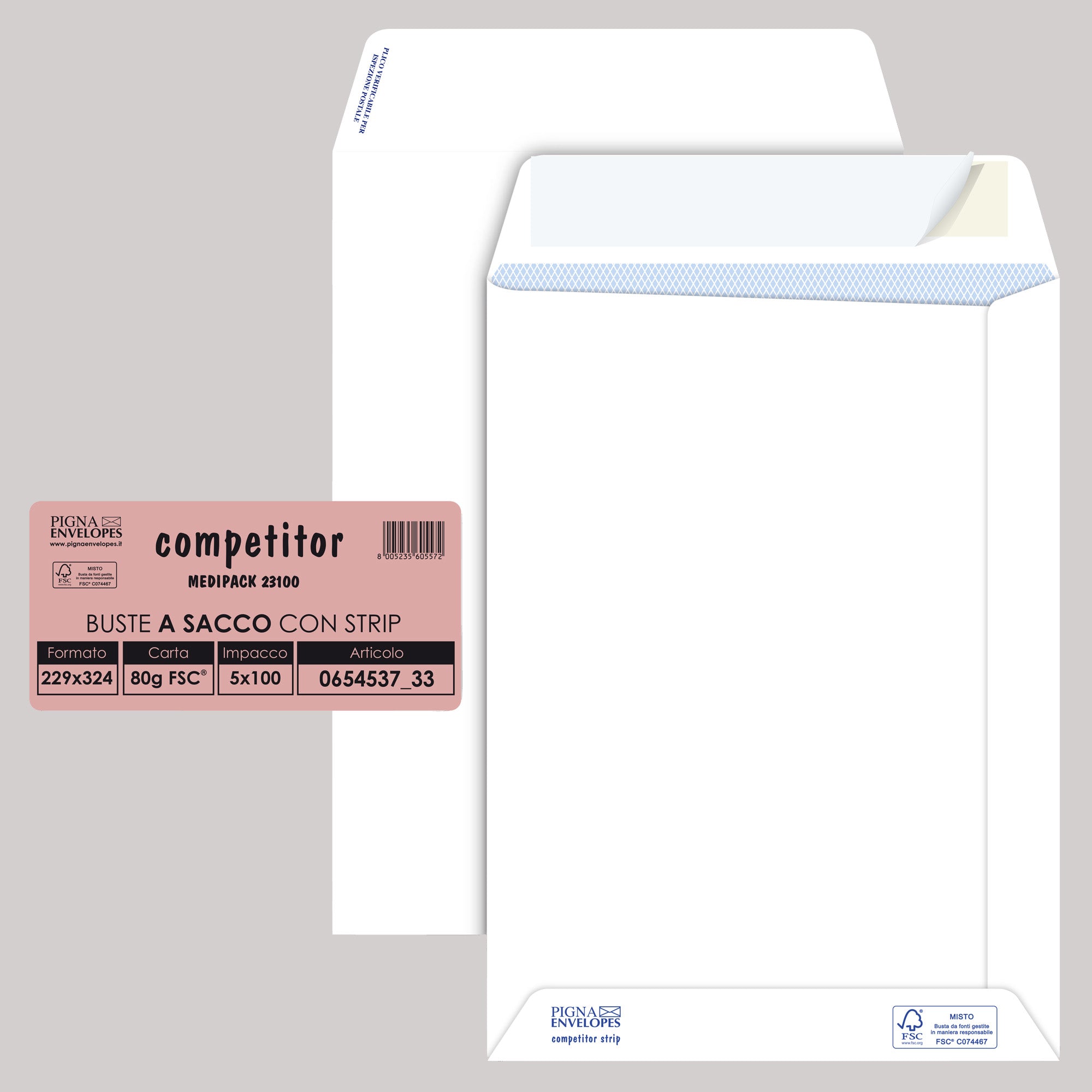 pigna-100-buste-sacco-competitor-fsc-bianca-strip-adesivo-230x330mm-80gr
