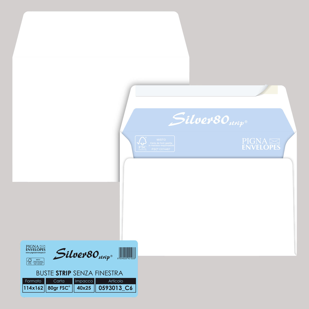 pigna-25-bustesilver80-strip-fsc-bianca-internografata-s-finestra114x162mm80gr