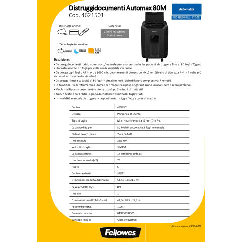 fellowes-distruggidocumenti-automatico-automax-80m-p-4-17-l-taglio-microframmenti-4x12-mm-nero-
