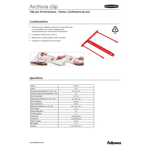 fellowes-fastener-clip-chiusura-passo-80-mm-conf-100-pezzi-rosso-0089602