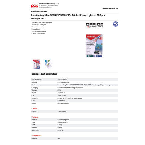 office-products-pouches-plastificatrici-2x125-m-finitura-lucida-a6-conf-100-pz-20325035-90