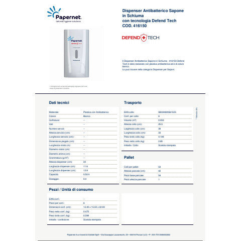 papernet-dispenser-antibatterico-sapone-schiuma-defend-tech-bianco-22x11-6x13-9-cm-capacita-0-5-l-416150