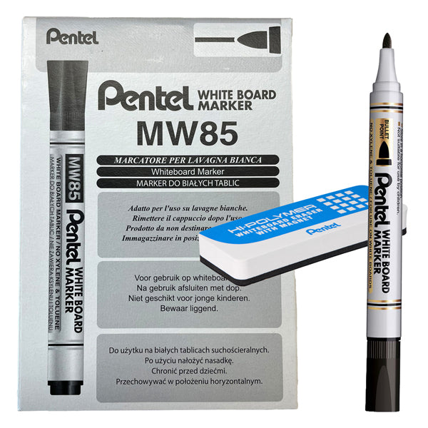 pentel-bundle-12pz-marcatore-white-board-mw85-nero-punta-tonda-cancellino-magnetico-p