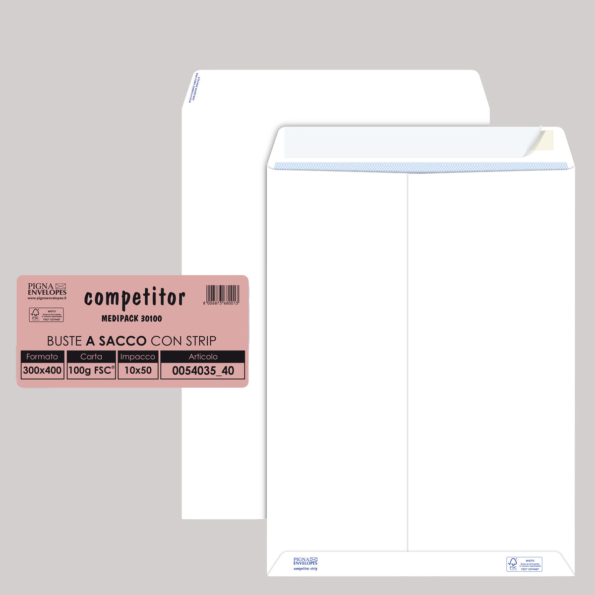 pigna-50-buste-sacco-competitor-fsc-bianca-strip-adesivo-300x400mm-80gr