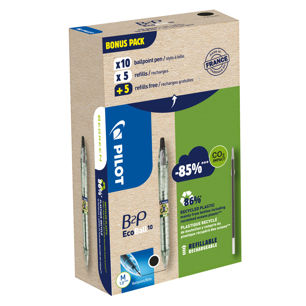 pilot-bonuspack-10-penne-10-refill-b2p-ecoball-punta-1-0mm-nero